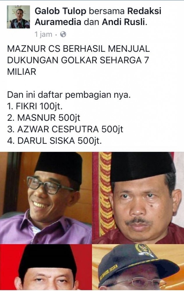 Dinding akun Facebook Galob Tulop, yang menjadi dasar laporan Azwar Chesputra ke Polda Riau (Foto via Facebook)