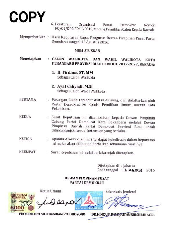 Surat Putusan Demokrat Untuk paslon Firdaus-Ayat