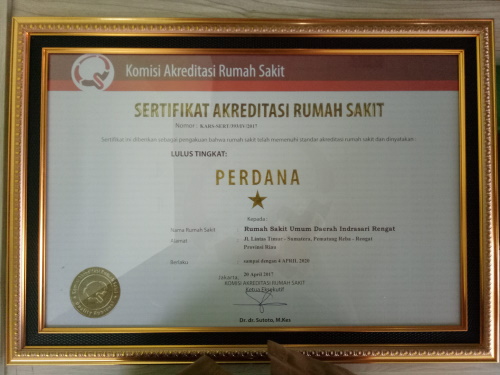 Sertifikat Akreditasi Rumah Sakit yang telah dimiliki RSUD Indrasari Rengat