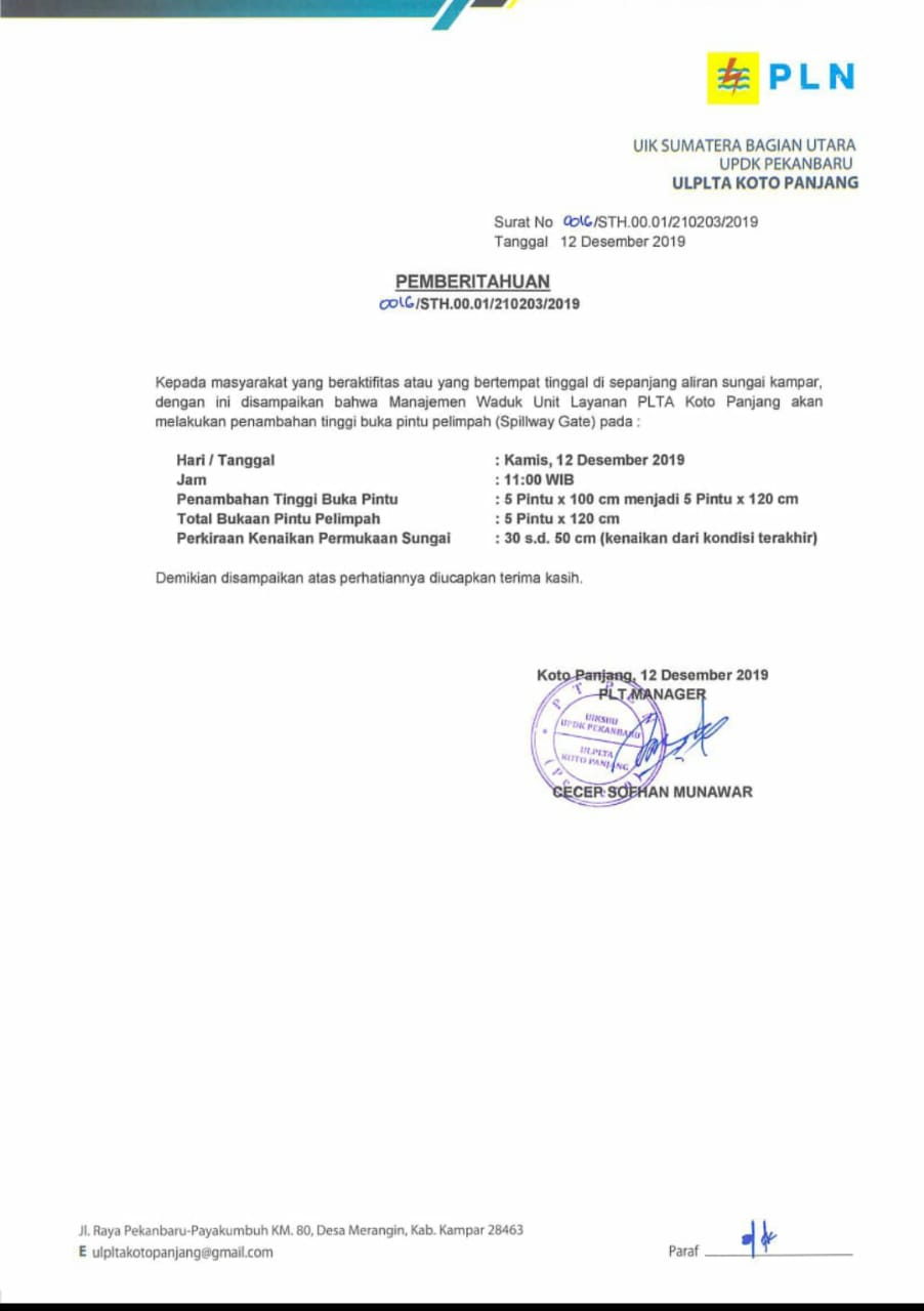 PLTA Kotopanjang Kembali Buka 5 Spilway Gate Jadi 120 Cm