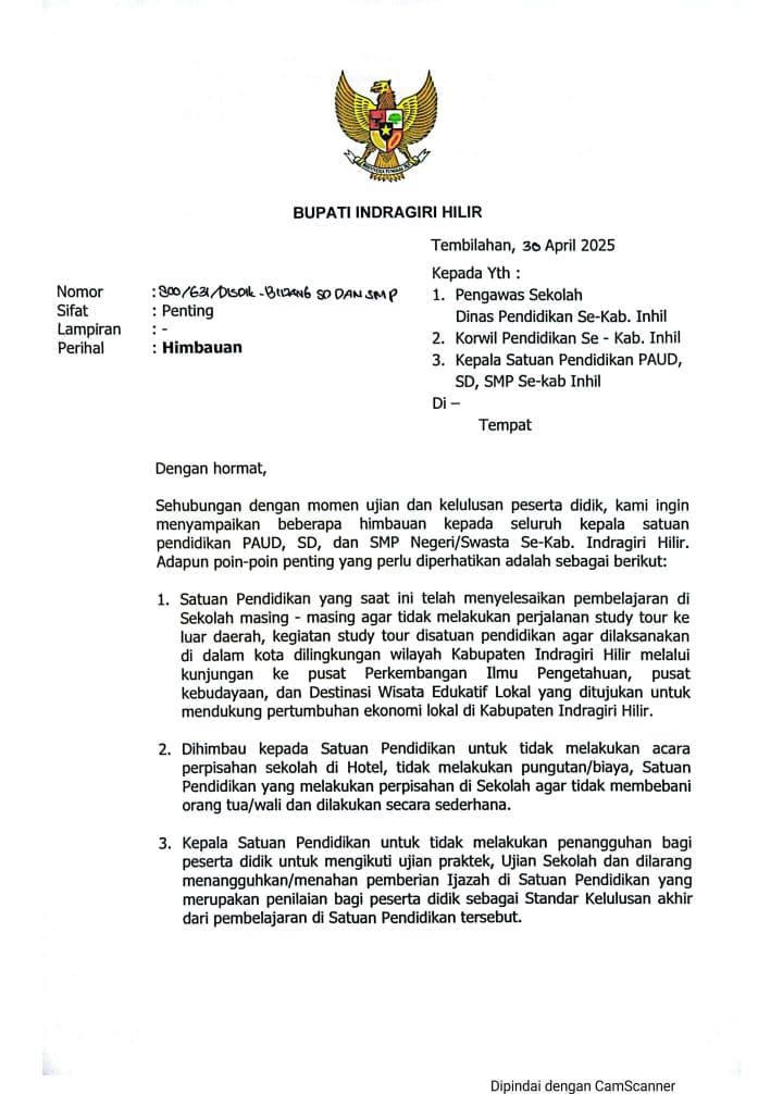 Bupati Inhil Herman Keluarkan Edaran Larangan Perpisahan Mewah dan Study Tour Kelulusan