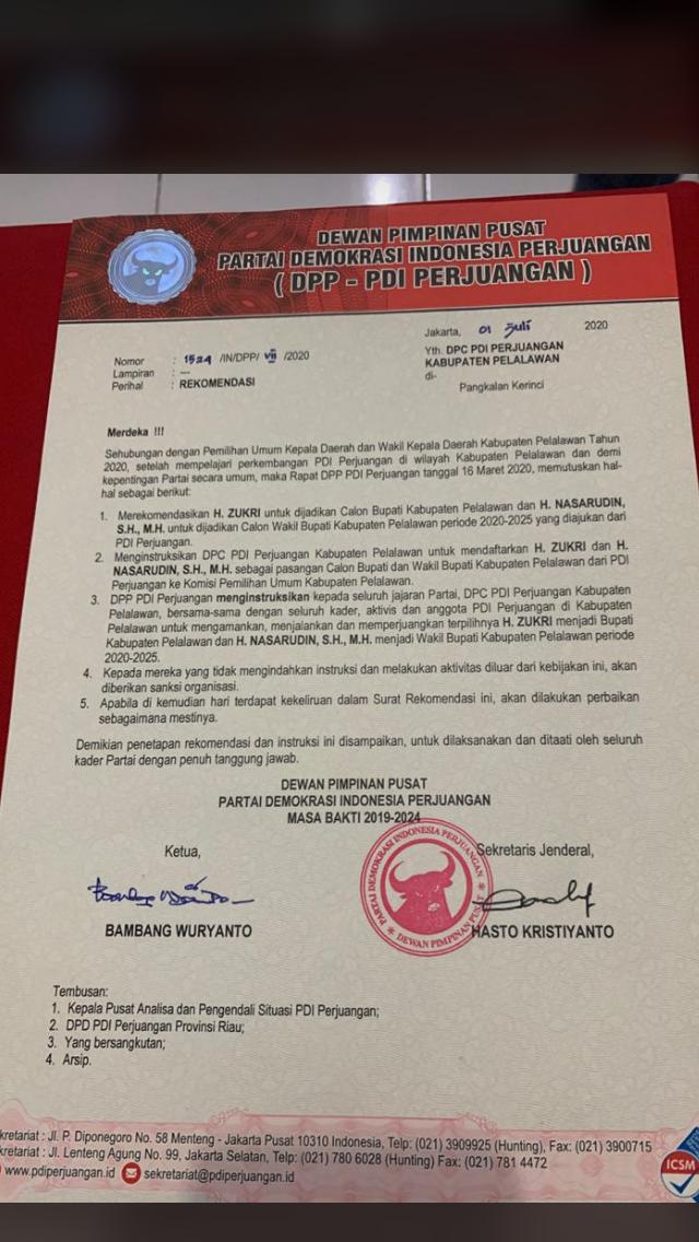 PDIP Resmi Dukung Zukri-Nasarudin di Pilkada Pelalawan