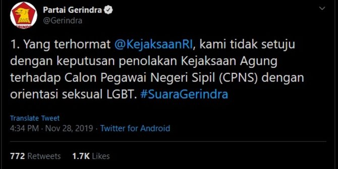 Heboh Twitter Gerindra Protes LGBT Dilarang Jadi ASN dan Klarifikasi Fadli Zon