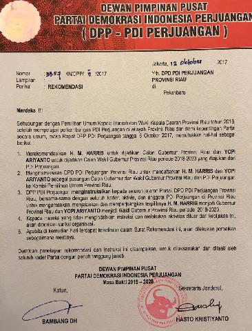 PDIP Dikabarkan Usung HM Harris-Yopi Ariyanto Maju Pilgubri