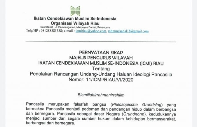 Tolak RUU HIP, ICMI Riau Sampaikan 7 Pernyataan Sikap
