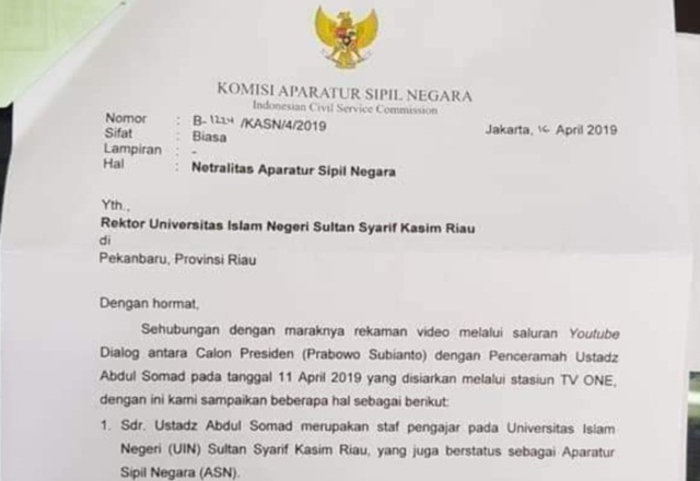 KASN Surati UIN Suska Soal Pertemuan UAS dengan Prabowo