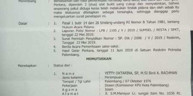 5 Komisioner KPU Palembang Jadi Tersangka Pidana Pemilu
