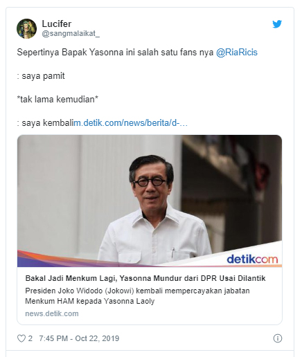 Yasonna Laoly Kembali Jadi Menteri, Netizen Samakan Dengan Aksi Ria Ricis