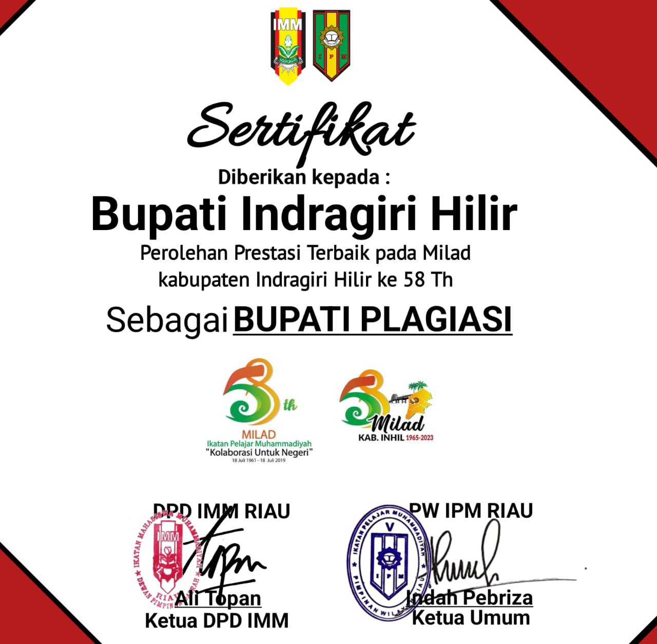 PW IPM & DPD IMM Riau Berikan 'Penghargaan' kepada Bupati INHIL