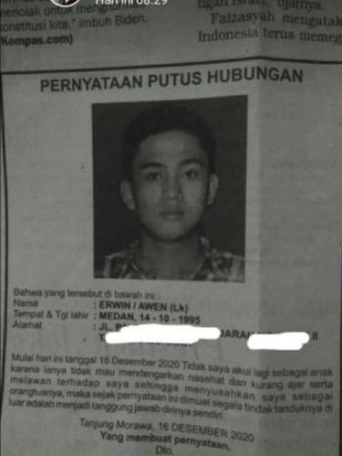 Heboh, Orangtua Umumkan Putus Hubungan dengan Anak Dimuat di Koran