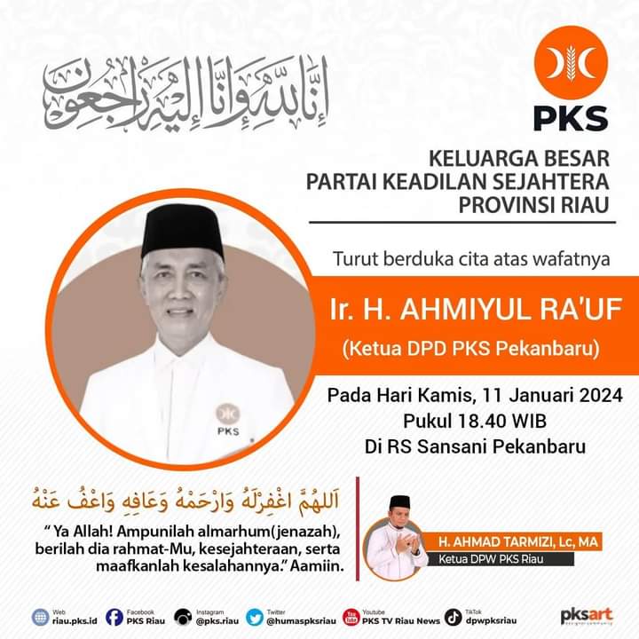 Ketua DPD PKS Pekanbaru Ahmiyul Rauf Meninggal Dunia